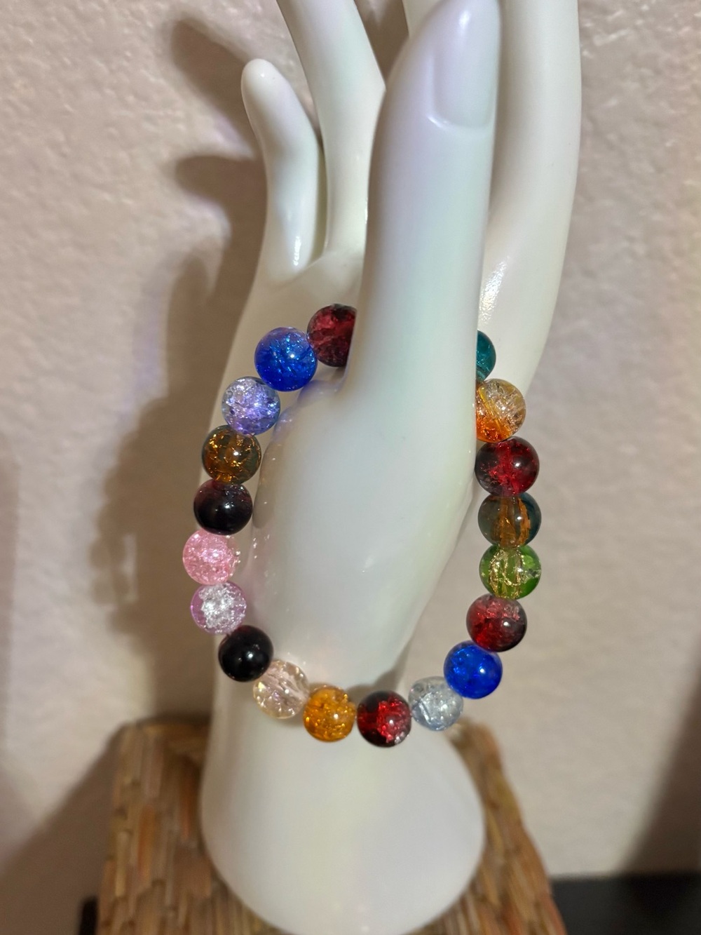 Multicolor Crackle Glass Bead Stretch Bracelet - Unbranded